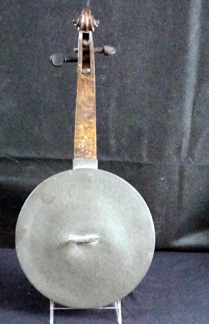 Violin Arts & Crafts Sculpture: Vintage arts & crafts Silvorum, N.Y. Metalsmith's pan and Antique Violin. 16.25 x 8w x 1.75d in