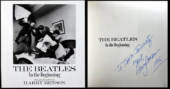 Harry Benson The Beatles Inscribed Book: Title: The Beatles. In The Beginning, Photographs ad Text by Harry Benson. Inscribed on cover page, To Tama Janowitz Best, Harry Benson 1996. Shelf ware to dust jacket, hardcover 1993.