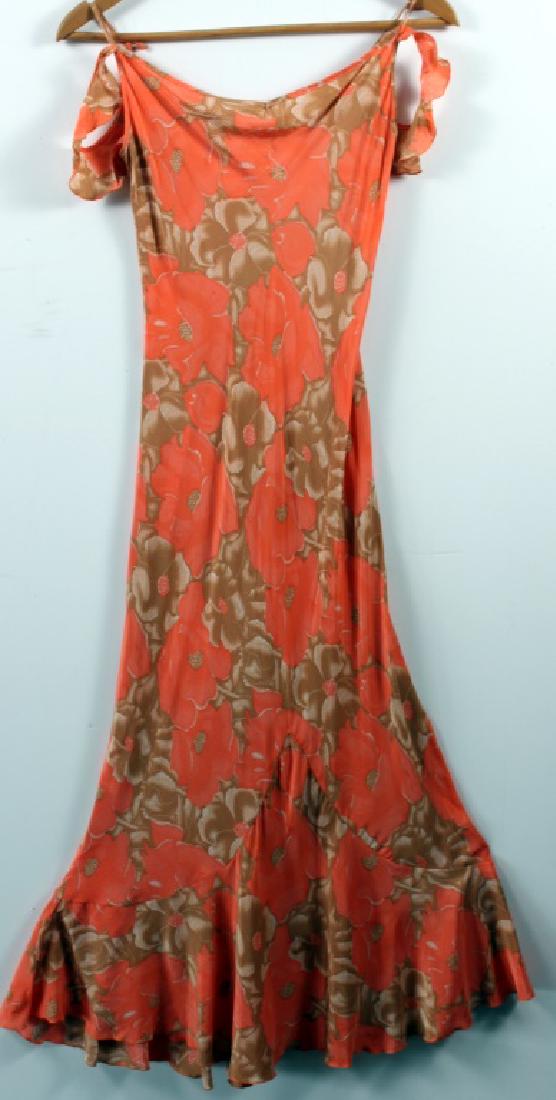 Tova-Celine Full Length Dress: Ruffled shoulder straps and bottom. Full Length, Size 6. Peach w beige/brown print of flowers.