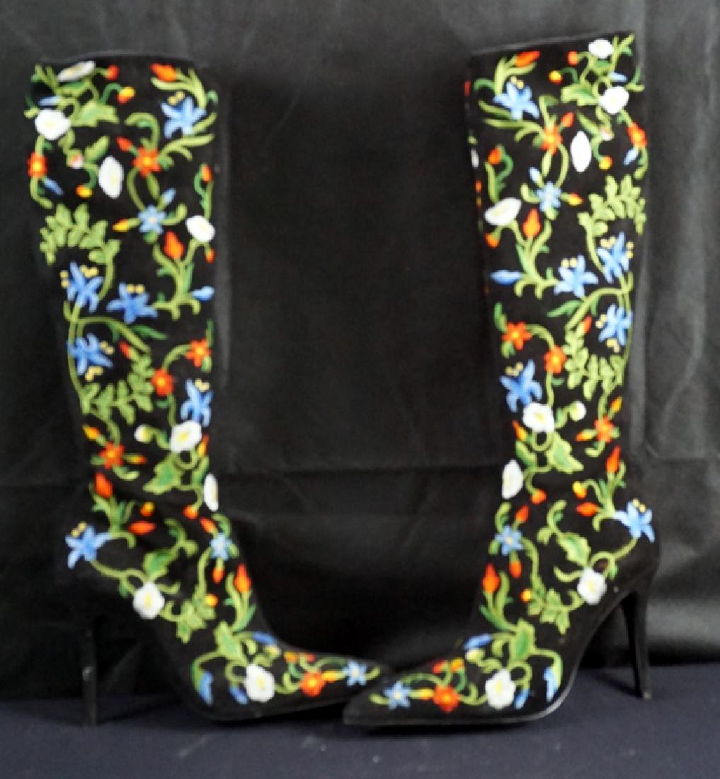 Vintage Freelance Paris Floral Embroidered Boots: These far out suede boots are covered in a rainbow of deeply detailed floral embroidery. The side zipper goes down to the ground for "eezy-peezy" off and on action. They are in nearly perfect conditio