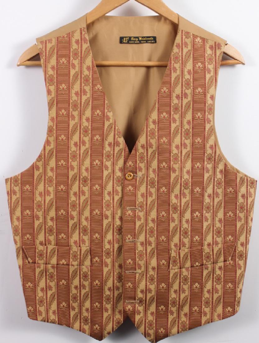 3 Men's Waistcoats: #1 Plaid (Blue/Brwn/Rust) over Beige. #2 Beige with rusty red stripes of lowers and leaves, Darcy Waistcoats // Handmade Faugh, Carlisle. #3 Beige Linen.