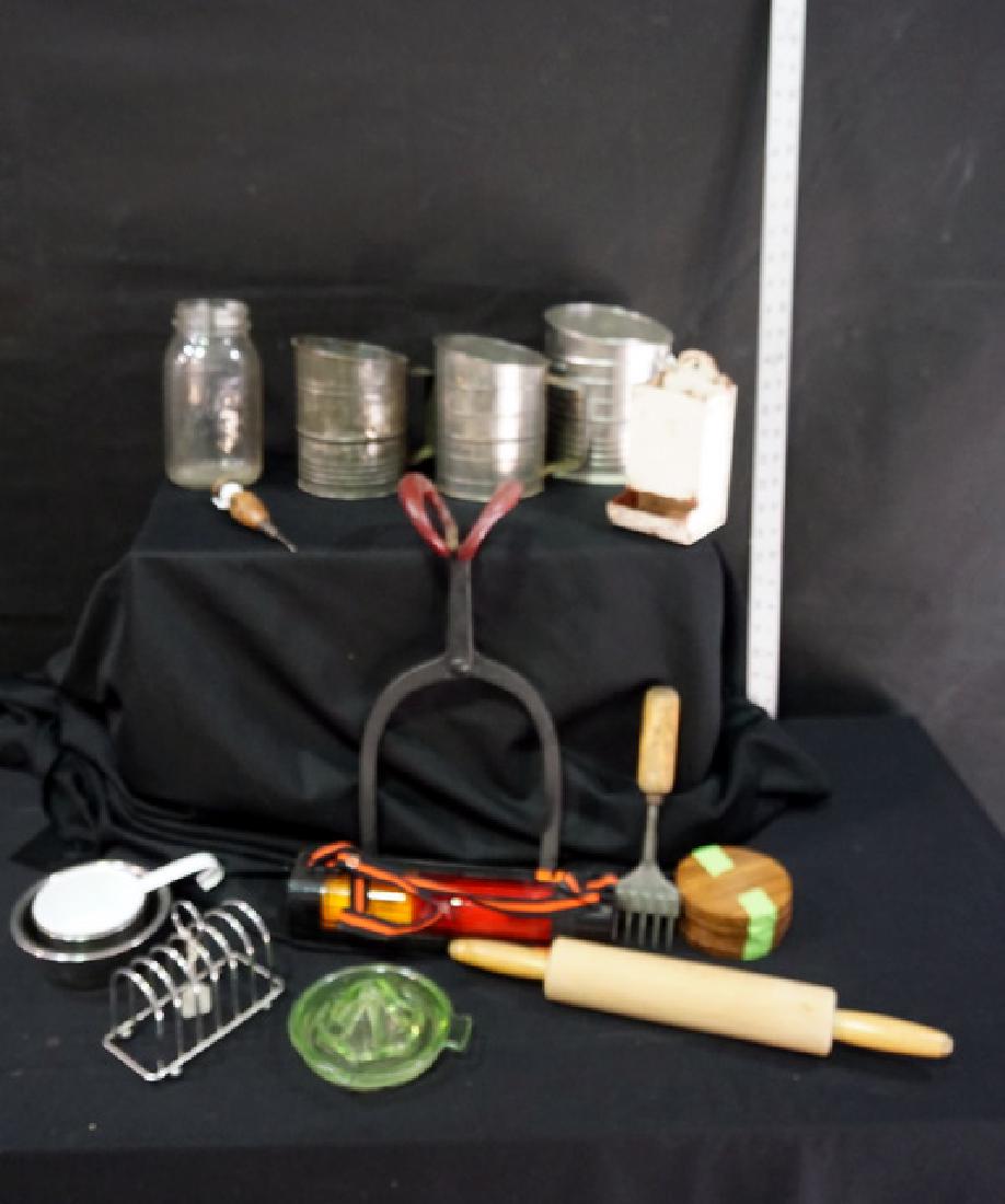 Collectibles: Ice Tongs, Glass Juicers, Rolling Pin, Sifters, etc. Goldfinch Auctions can ship this lot in-house.