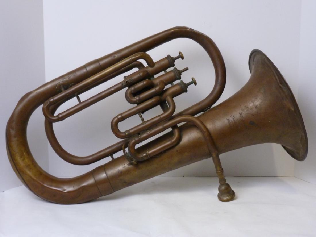 Euphonium, Paris: Many dents probably about late 1800's. 22 inches high.