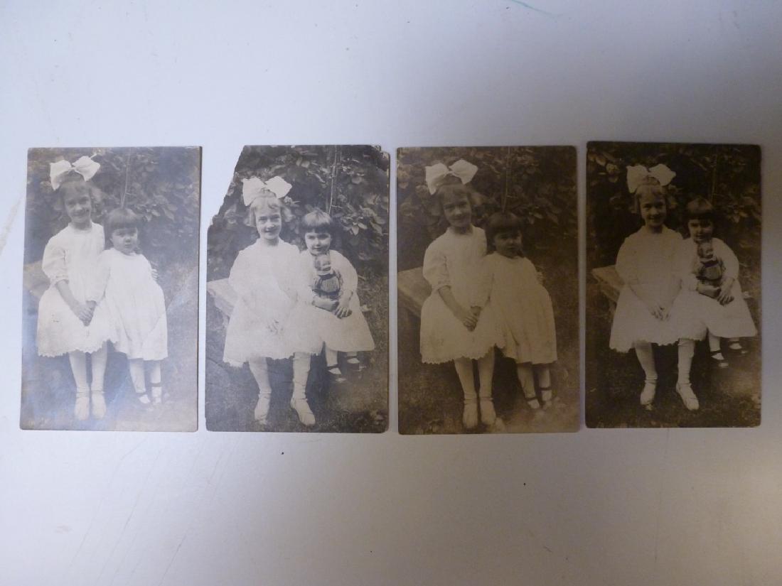 Photographs Vintage B&W of 2 Girls With Doll: Antique photo postcards, one with bends and rough edges. Two girls, one holding a circa 1910 Campbell Soup compo and cloth doll. 5.5 h x 3.5w inches.