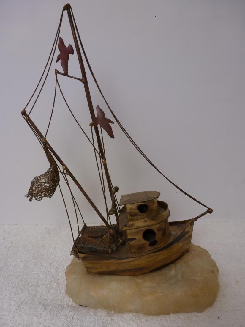 Fishing Boat (Metal) Mounted on White Marble: 6 h x 8.5 w x 4.5 w d.