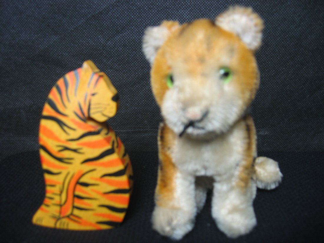 Steiff Toy Tiger & Wood Tiger: 3 h and 4 h inches.