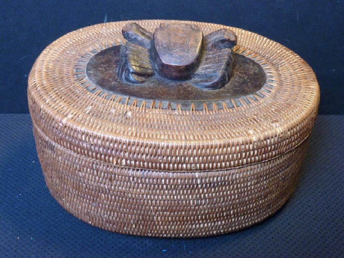 Indonesian Lidded Basket Wood Carved Lid Vintage: 4h x 7w x 5d inches.