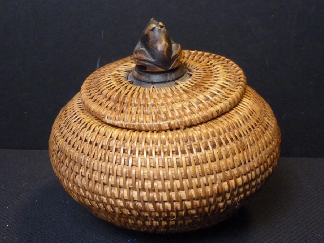 Indonesian Basket w/Wood Top & Bottom: 6 h x 6 w x 6 d inches.