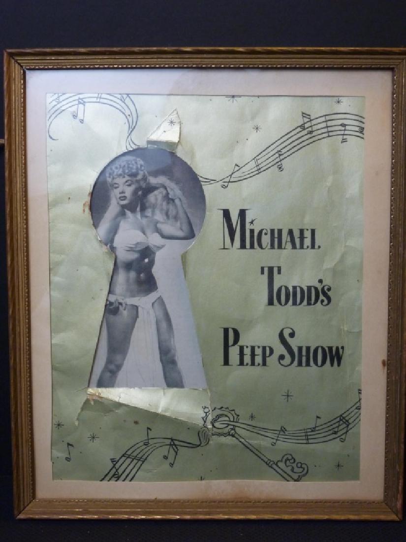 Michael Todd's Peep Show Collage: Risque blonde woman on bottom with gold tone key cut out on top. Tears to gold tone paper. 12.75 x 10.75 w inches. This was probably a cover to the program for the show.