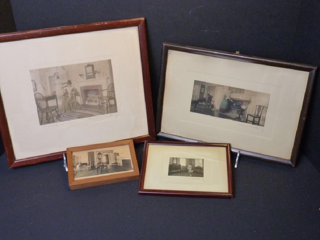 Wallace Nutting Hand Tinted Photos (4): 4 Interior Photos. A Stitch in Time, 11 h x 13 w....Fireplace scene, 8.75 x 11.75 inches, (water stain in lower left corner)..... Woman w/ umbrella, 5.25 x 7.5 inches......Woman at piano, 3.5 h x 7.75