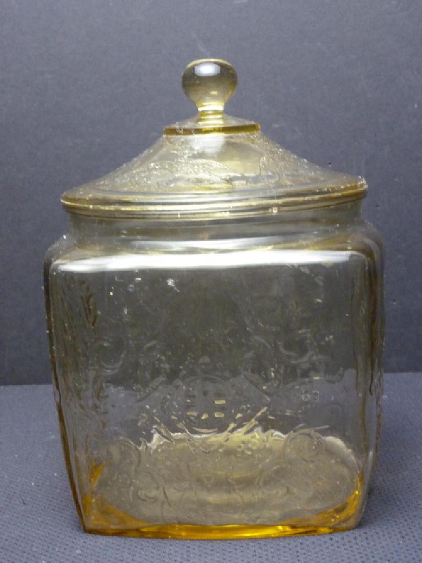 Amber Depression Square Jar w/Lid: 8 h x 5 w x 5 d inches.