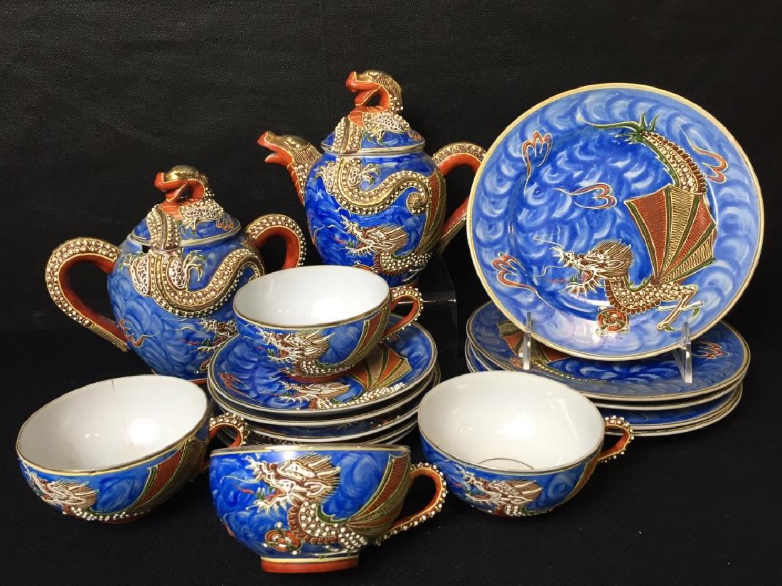 Tea Set Geisha Lithopane Dragon Pattern: Occupied Japan. 5 desert plates, 5 saucers, 4 tea cups, 1 teapot, 1 tea caddy (chipped as shown). #TeaSetDragonGeisha