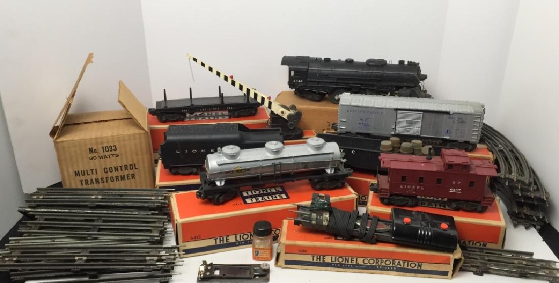 Lionel Train Cars, Track & Accesories: Nice Lot : Engine # 246, Tender # 2046W, Tank Car # 6415, Lumber Car # 346, Box Car # 6454, Gondola # 6462, Caboose # 6357, Crossing Gate # 252, Transformer # 1033, Remote Control # 6019, 12 sections