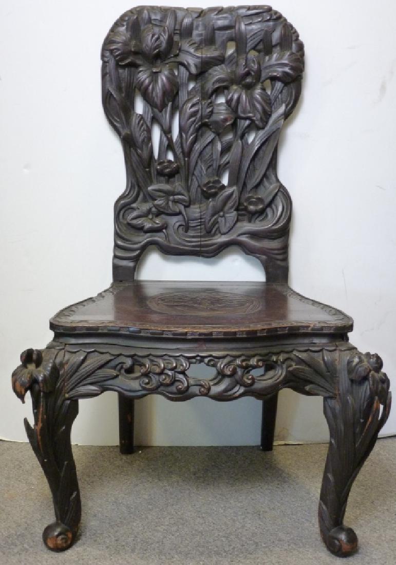 Japanese Meiji Floral Iris Throne Chair 19th C.: Damage to left top of front leg with some carving missing. Hand carved Japanese Meiji floral iris throne chair. 38.5 h x 24w x 20d inches. #JapaneseThroneChair