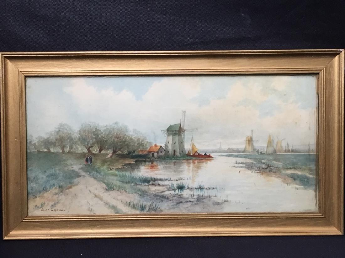 Water Color Windmill Scene Ellen Copeland: 20.75w x 11.5h inches. #WindmillEllenCopelandWatercolor
