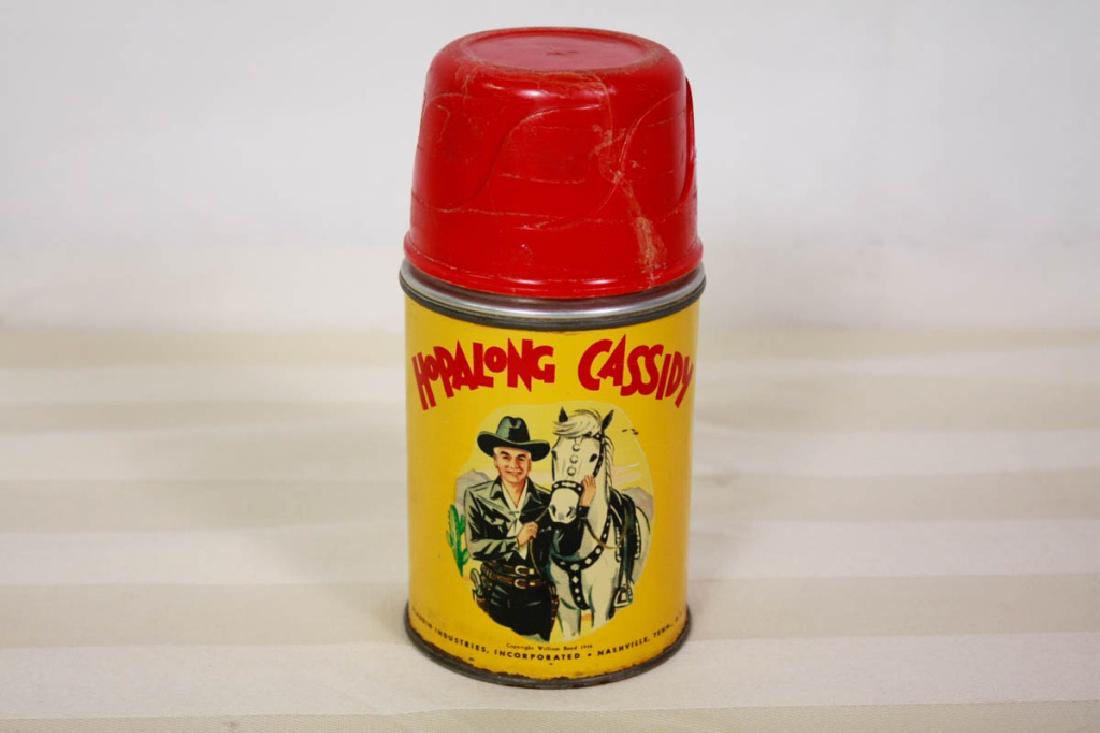 Aladdin Vintage Hopalong Cassidy Thermos: 6.5 H inches. Red lid cracked and repaired. #aladdin #hopalongcassidy #vintagethermos #thermos