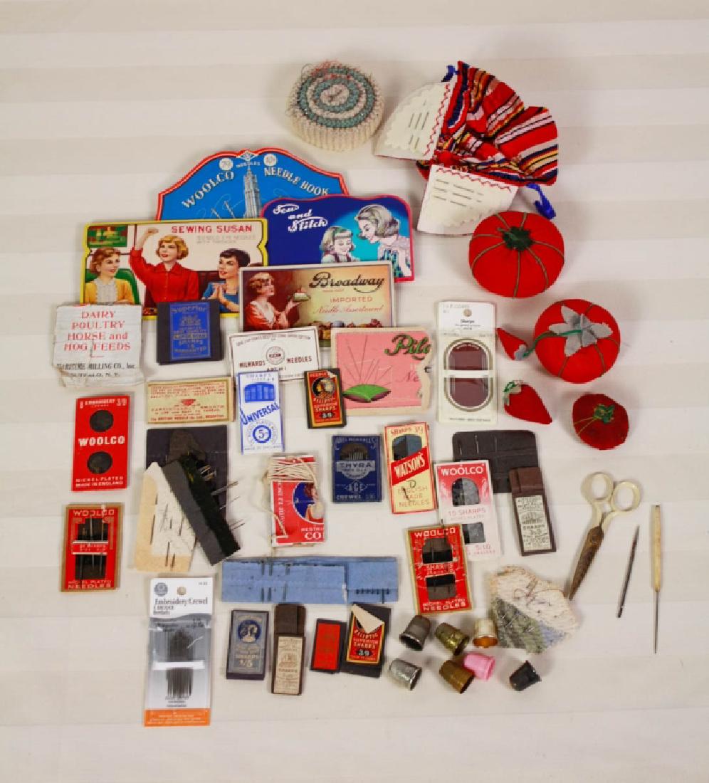 Vintage Needle Books, Thimbles, Pin Cushions: Including 7 thimbles, scissors, 5 pin cushions, 23 needle books, additional needle packs, etc. #thimbles #sewing #sew #pincushions #needle #crafts #DIY #vintage