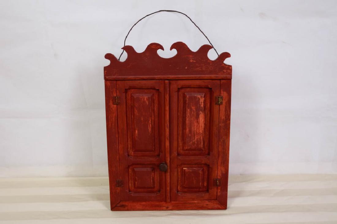 Hanging 2-Door Wall Cabinet: 16.5 H x 11.5 W x 5 D inches. More recently stained. #woodcabinet #hangingcabinet