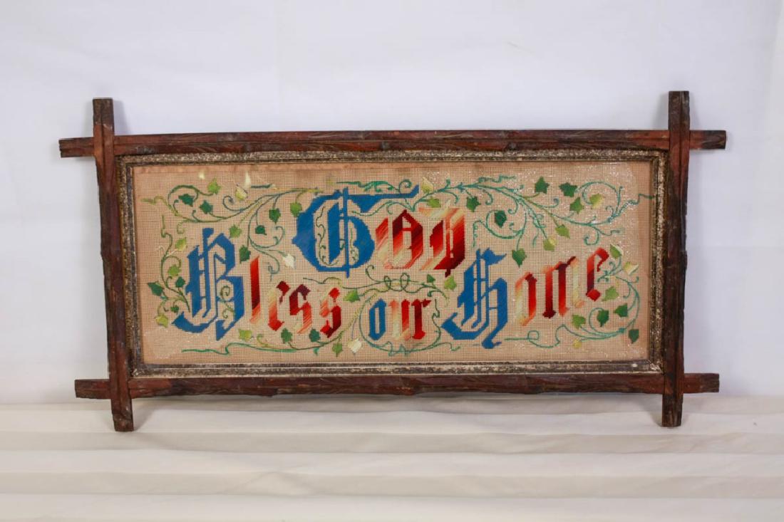 Victorian Framed Embroidery Sampler: "God Bless Our Home". 13.5 H x 26 W. Has wear. #sampler #embroidery #Victorian #victoriansampler #godblessourhome