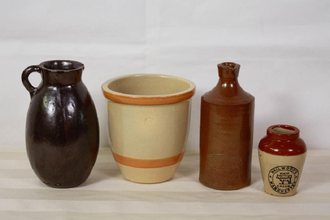Roseville & Other Pottery Pieces (4): Including Americana Roseville Handcrafted 5.5 H inches, Brown Vase - marked GB Rofetto with chips. Vitreous Stone Bottles, J. Bourne & Son, England, Hailwood's Rich Cream Manchester 4.5 H inches. #Ros