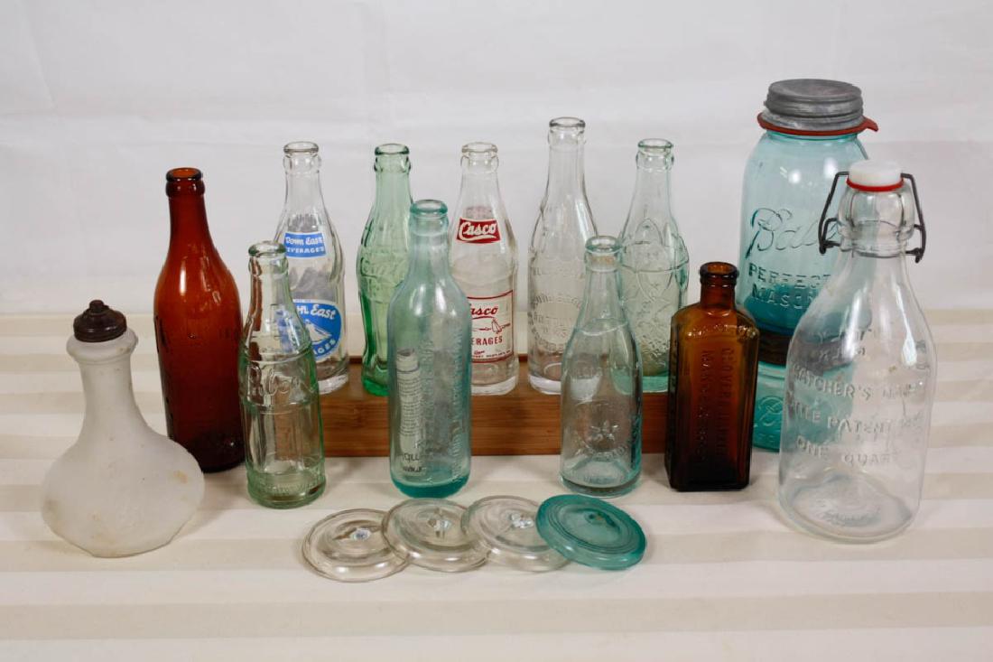 Collection of Vintage Bottles (13): Including 2 Ball mason jars, 4 glass lids, Thatcher's Dairy, Coca Cola, Casco Beverages, Down East Beverages, Bound Brook Bottling Works, NJ, etc. 18 pieces total. 1 bottle repaired. #vintage #bottles