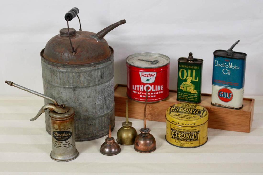 Oil Cans & Lubricant Containers (9): Including Winfield (oil can w/ handle), 3 oil cans (brass & copper), The Utility Co., Inc. Gre-solvent, Brookins Pump Oiler, Sinclair Litholine Multipurpose Grease, Sewing Machine Oil and Gulf Electri