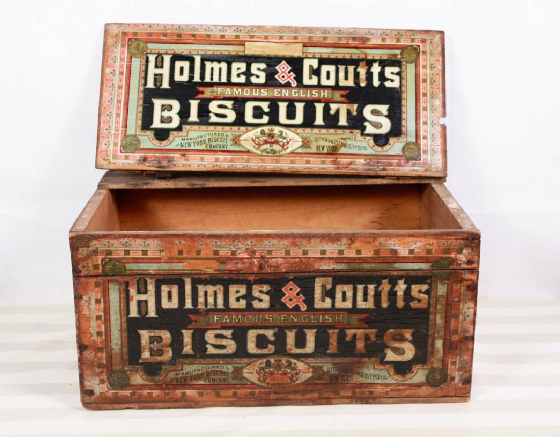 Holmes & Coutts Biscuits, NY Advertising Crate: "Lancaster" on side. Addressed to Brinser Corn Meal, painted on top. 10.5 H x 21.5 W x 14 D inches. #vintage #biscuits #NY #advertising