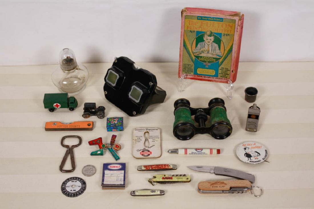 Advertising & Mostly Vintage Misc. Items: Including Acme Thunderer Whistle, Lesney Toy, England Service Ambulance Ford #63, Sawyers Viewmaster, Button from Allentown "Go Get A Dodge", Scissor Sharpener Famous Reading Anthracite York Pa, 7 Kni