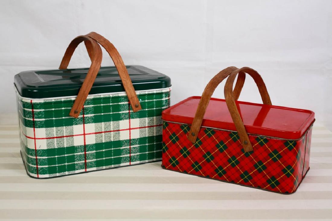 Pair Vintage Tin Picnic Baskets: Green: 8 H x 13.5 W x 9 D inches, Red: 5.5 H x 12 W x 7 D inches. #picnicbasket #tinpicnicbasket #vintagebasket