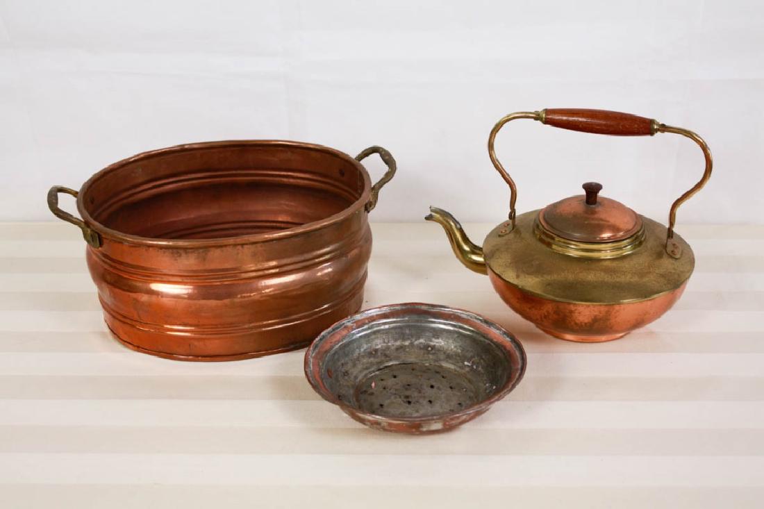 Copper Pot, Kettle & Colander: Copper pot marked solid copper, made in Turkey - 5 H x 12.5 W inches with handles. Kettle marked B&M Metalcraft Holland - 8 H x 10 W inches. Colander is copper coated - 1.5 H x 7 W inches. Wear to all