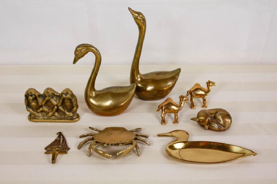 Brass Vintage Animals: Including, pair swans (8 H & 6 H inches), hear, speak, see no evil monkeys, crab, duck tray, camel napkin rings, sleeping fox and sailboat hook. 9 pieces total. #vintage #brass #animals #swans #monkey