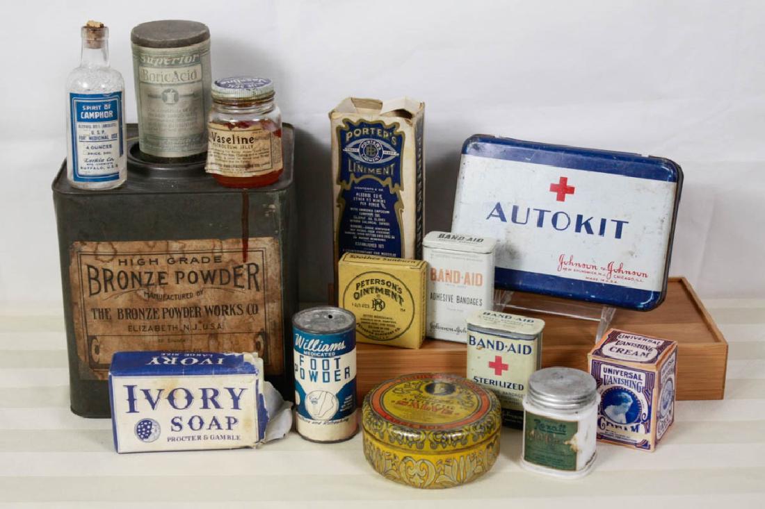Antique / Vintage Healthcare Items: Including Johnson & Johnson Auto First Aid Kit, Porters Liniment bottle in box, Rawleigh's Antiseptic Salve, Peterson's Ointment, Johnson & Johnson Band-Aid (2), Rexall Cold Cream, Williams Medicated