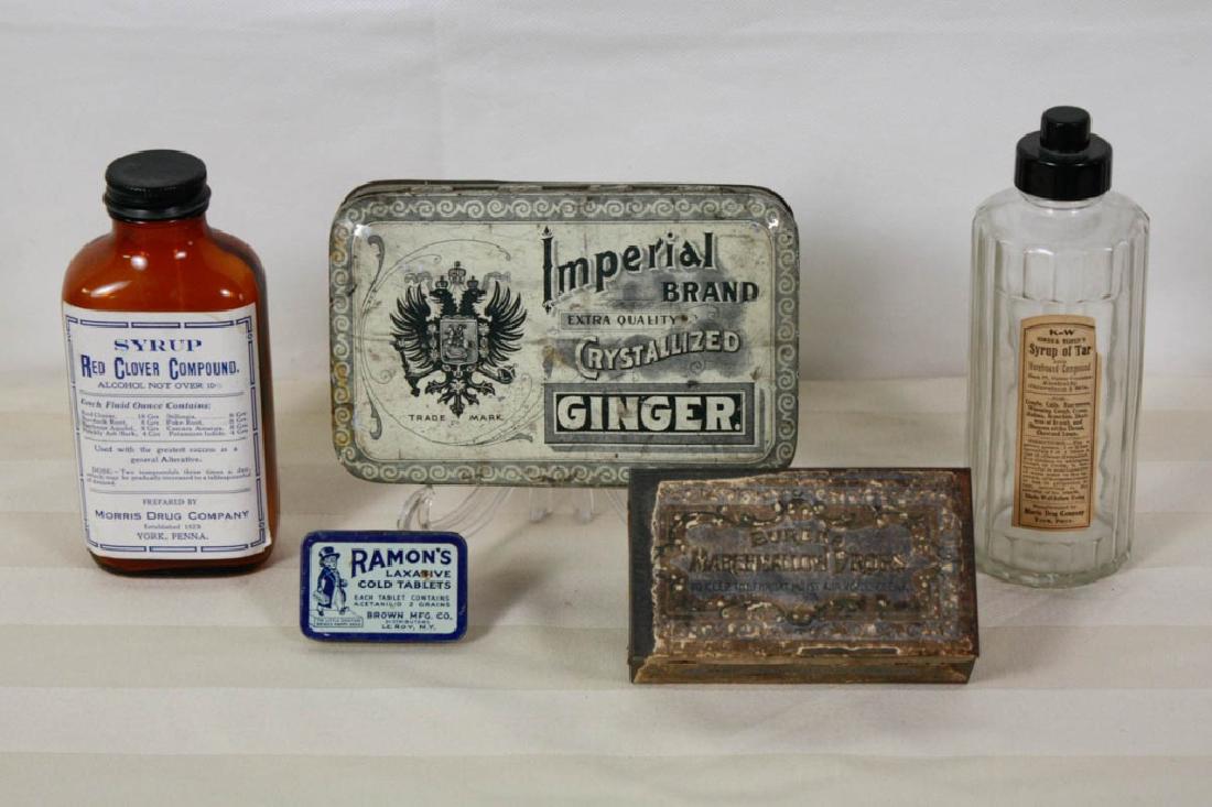 5 Pieces Lozenge & Syrup Containers: Red Clover Compound Syrup, Ramon's Laxative Cold Tablets, Imperial Brand Crystallized Ginger, Ureka Marshmallow Drops, Kendig & Weaver's Syrup of Tar. #oldadvertising #medicine #ginger #weavers #syrup