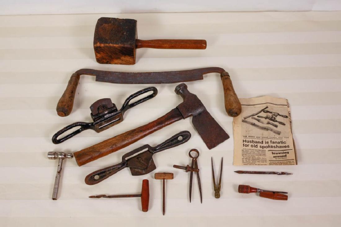 Miscellaneous Vintage Tools: 13 pieces total. Includes 2 spoke shaves, wooden mallet, hatchet, etc. #vintage #tools #hatchet #protractor #saw