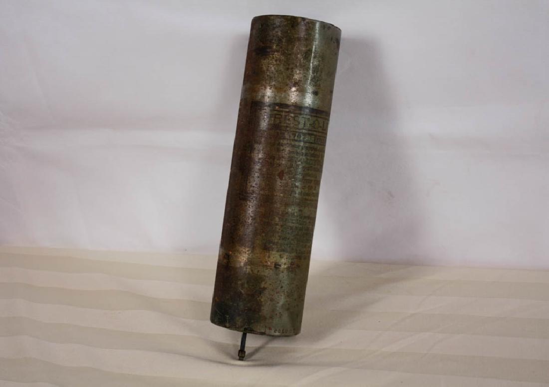 Presto-O-Lite Co. Inc Torch: Brass cylinder. "Dissolved Aretylone prepared and compressed into porous substance by Presto-O-Lite Co. Inc." Commonly used with Model T Fords. 13.5 H x 4 W inches. #modeltford #prestolite