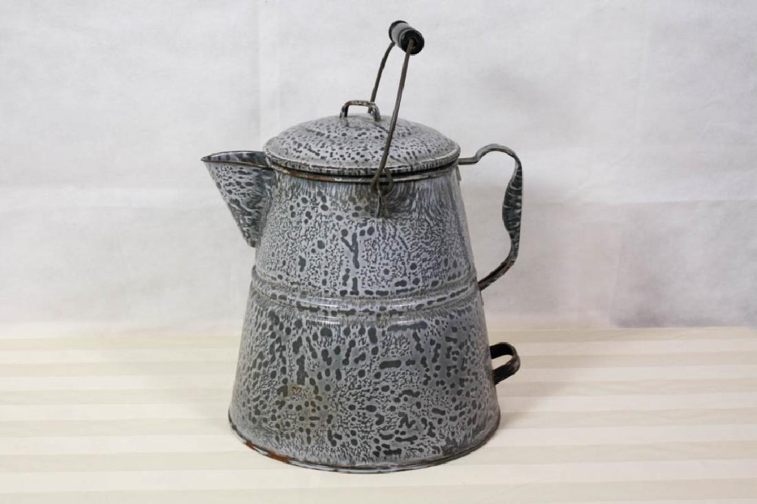Large Graniteware / Enamelware Kettle: 13 H x 12 W inches with handle and spout. #graniteware #enamelware #kettle