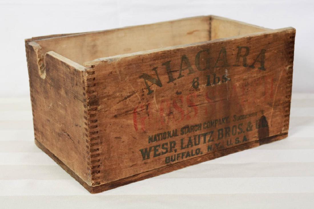 Niagara Gloss Starch Box: 5.5 H x 11.25 W x 6.75 D inches. No lid to box. #crate #woodcrate #niagarastarch #advertising #vintageadvertising