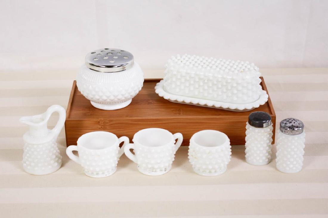 Hobnail Milk Glass Table Accessories: Including salt & pepper, covered butter dish, 2 sugars, creamer, small vase and flower vase with metal top, labeled Made in England Genuine Hand Made Glass. #milkglass #vintage #hobnail #vintageglass