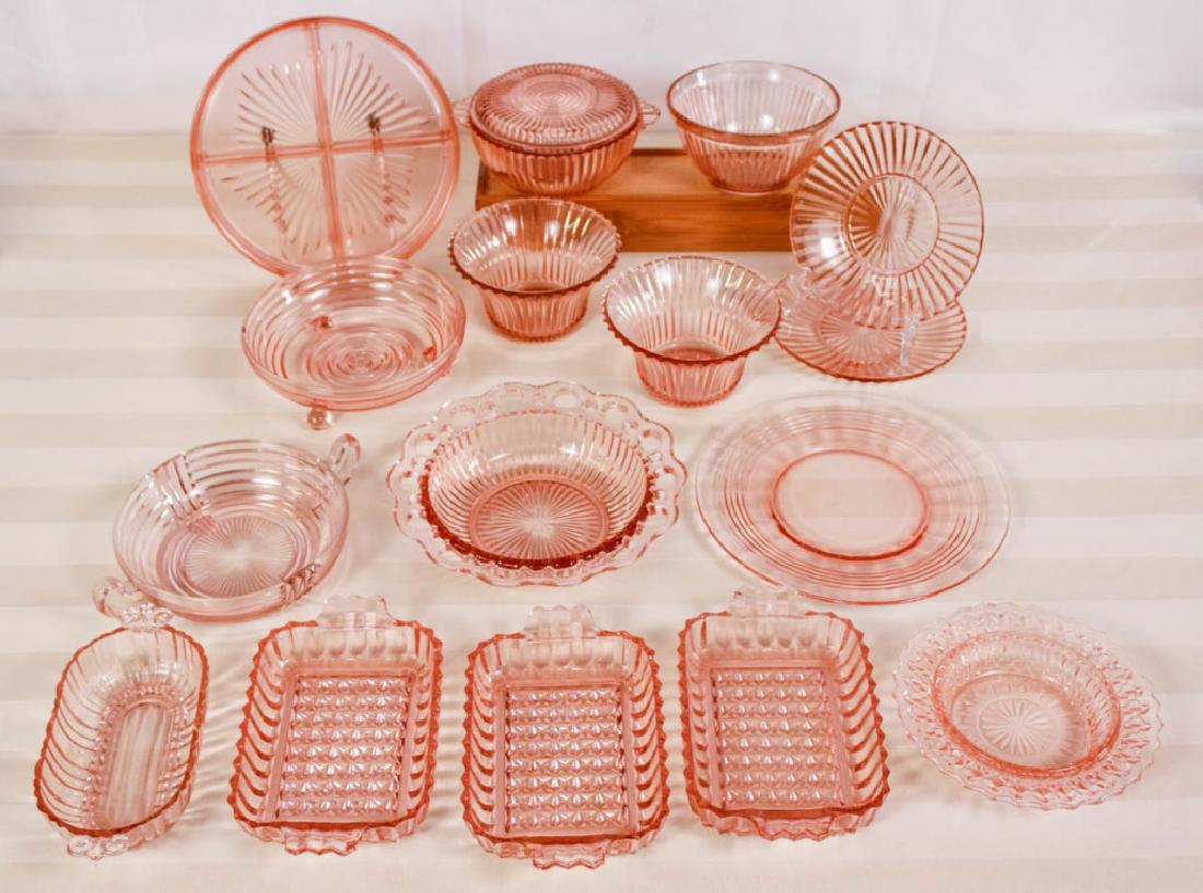 Pink Depression Glass (16): Cut glass styles. Including 3 plates, covered dish, sectioned plate, various bowls, 4 small casseroles. Chip to footed bowl. #vintage #depressionglass #glass #rosegold