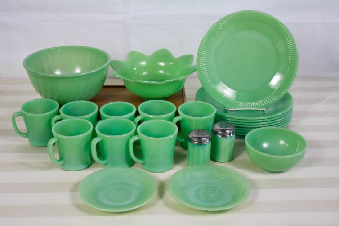 Vintage Fire King & Jadeite Green Milk Glass: Including 8 mugs, 2 demitasse plates, serving bowl, decorative bowl, small bowl, salt & pepper and 8 plates. All marked Fire King, except decorative bowl and salt & pepper. Good condition, some marks.