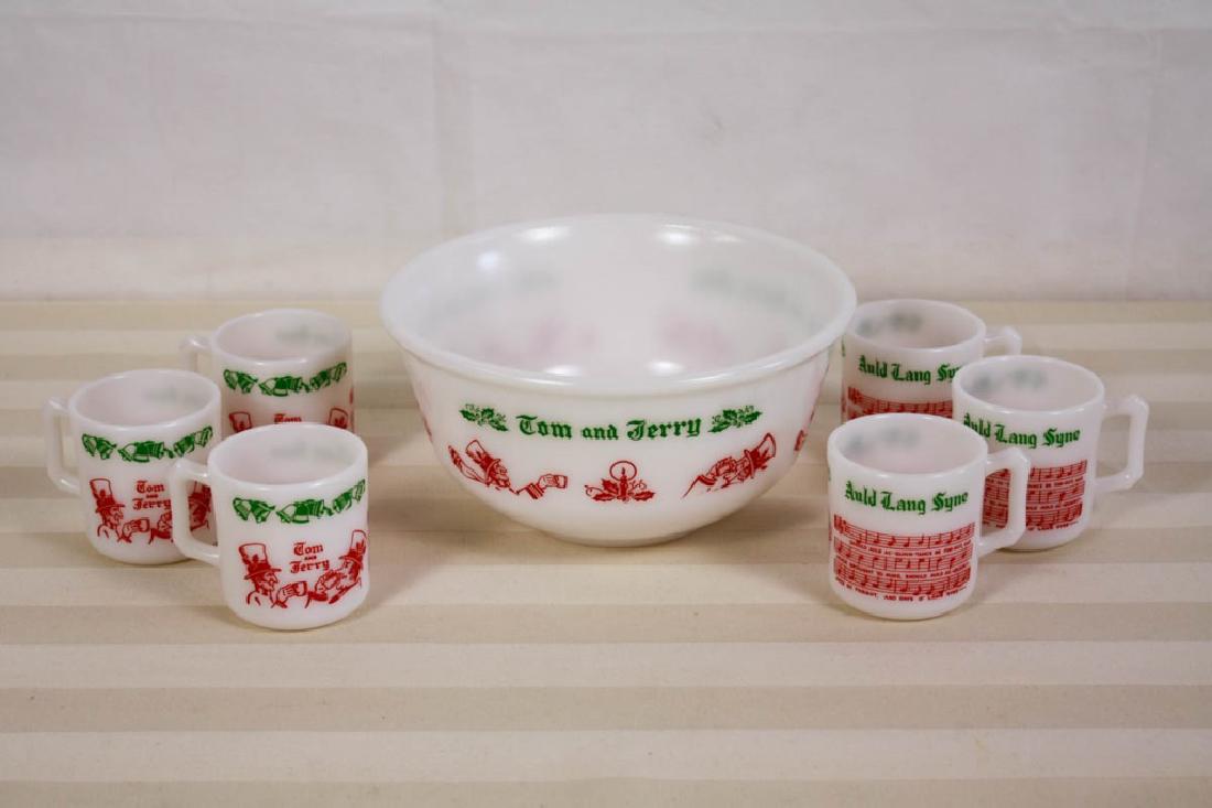 Hazel Atlas Tom & Jerry Punch Bowl & Matching Cups: Vintage Christmas milk glass. Auld Lang Syne design. Includes 6 cups, 3 H inches and bowl, 4.5 H x 9 D inches. Good condition. #hazelatlas #tomjerry #vintage #milkglass #punchbowl