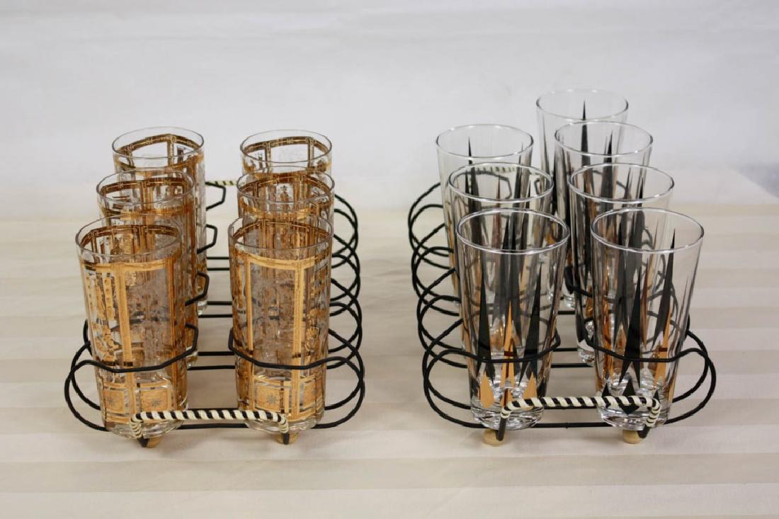 Mid-Century Ice Tea Glasses in Caddy: Two sets each in caddies. 7 Black and gold glasses. 6 Gold glasses. All 5.75 H inches. Minimal wear to gilding. #gilding #midcenturymodern #icetea