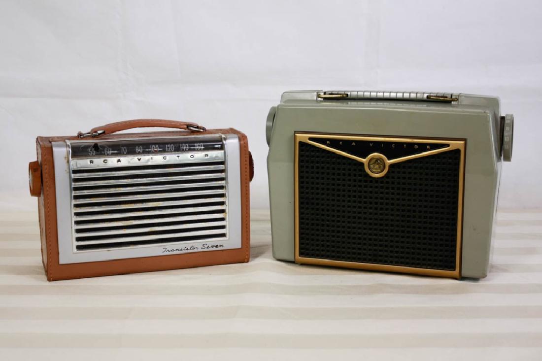 RCA Victor Transistor Radios (2): 8.5 H x 10.5 W x 5 D inches and Transistor Seven, 6.5 H x 10 W x 4 D inches. Worn condition. Crack to Transistor Seven. #vintageradios #vintagetransistor #transistorradio #RCA