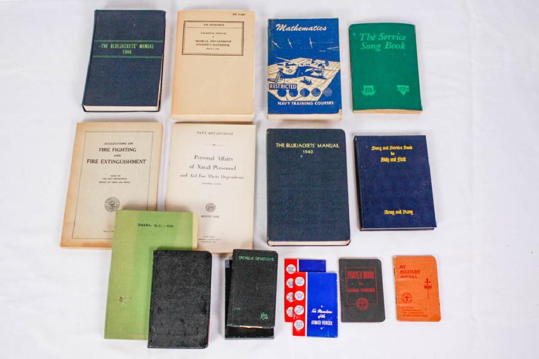 Collection of Various Navy Books & Notebooks: 15 pieces total including, My Military Missal, Prayer Book for Catholic Service, (2) address books For Members of the Armed Forces, Catholic Devotions, partially used notebook, blank notebook, Song an