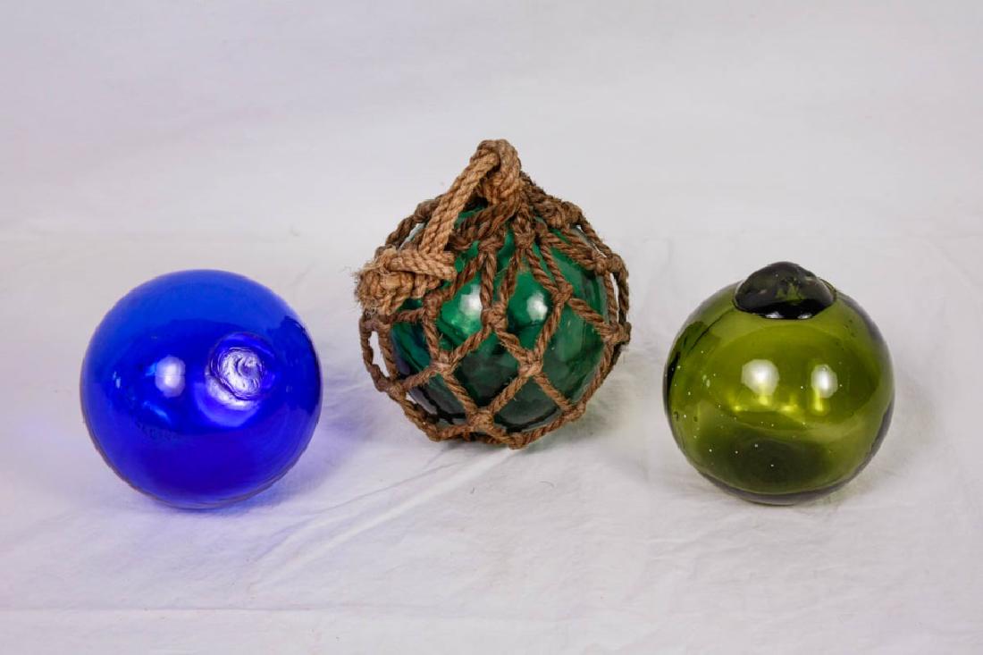 Glass Net Buoy aka Witch Balls (3): Marked "British Made", "Made in Czechoslovakia" and one in net unmarked. Approx. 5d inches. #VintageGlass #GlassBuoy #WitchBalls #Salem
