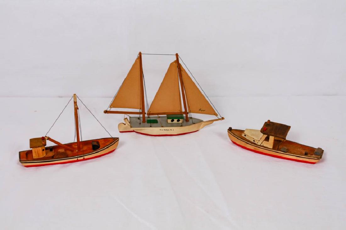 Wood Model Boats (3): One marked "Ship Bottom, NJ". 6.5h, 5h, 2h inches. #ShipBottomNJ #ModelBoats #Nautical