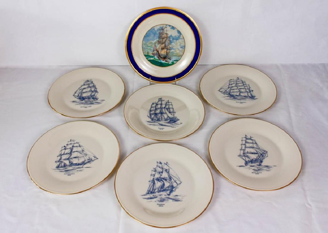 Lenox Special Ship Plates (7): Including Sweepstakes 1853, Galatea 1854, Black Prince 1856, Great Republic 1853, Grecian 1876, Northern Light 1851 and 1 unnamed ship. 10.75d inches. All marked Lenox Special. #Lenox #VintageLenox #N