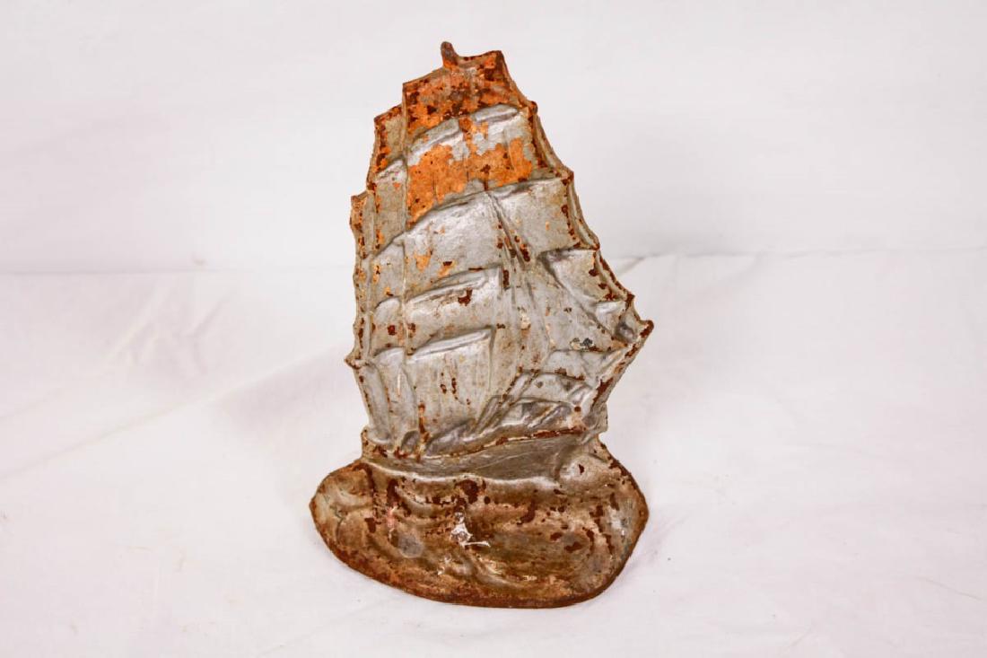 Clipper Ship Door Stop Cast Iron: By Eastern Specialty Mfg. Co. 9h x 6.5w inches. Paint wear. #CastIron #Nautical #DoorStop #ClipperShip