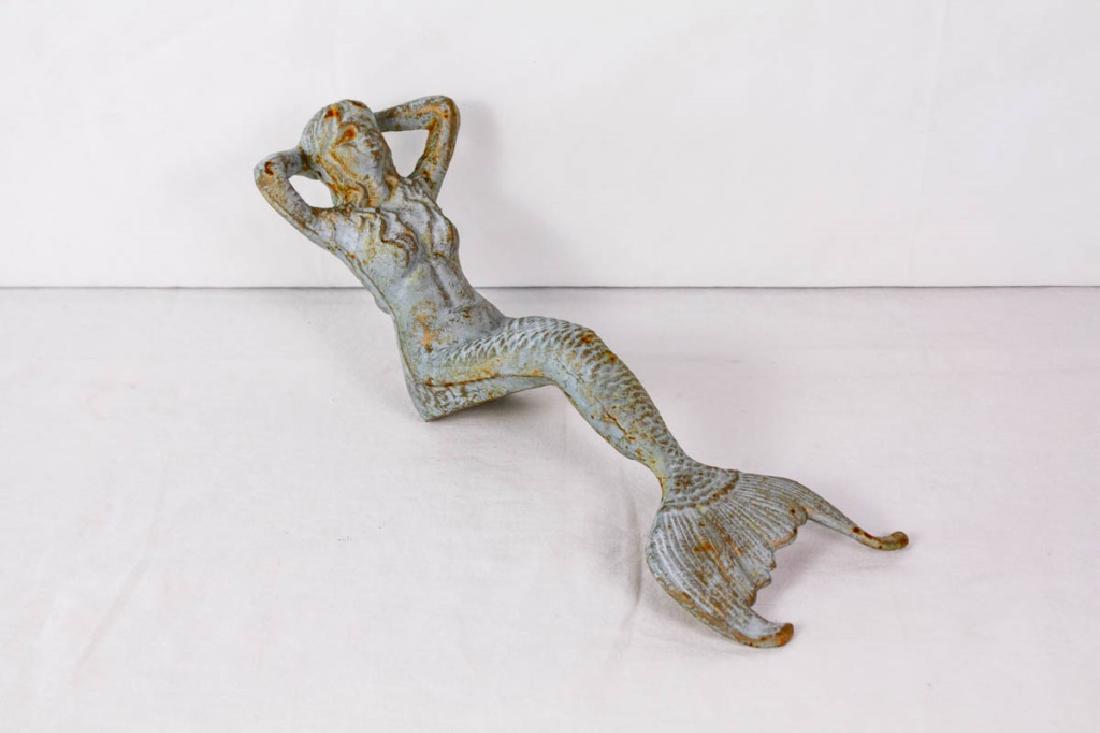 Painted Cast Iron Seated Mermaid: 17h x 6w x 9d inches. Some rust and paint chipping. #CastIron #Mermaid