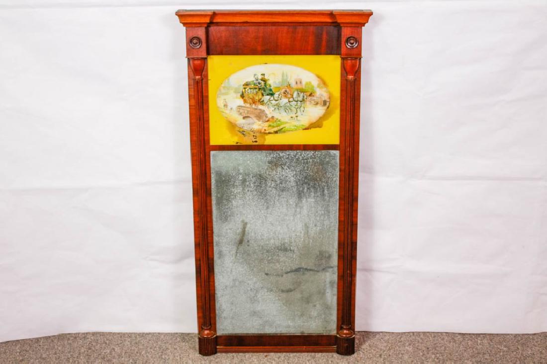 Empire Mirror with Reverse Painting on Glass: 38h x 19.5w x 2.75d inches. Frame in good condition. Glass and painting in poor condition. #VintageFurniture #AntiqueFurniture #Empire #ReversePainting